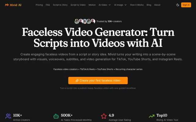 Screenshot of Faceless Video Generator | Create AI Faceless Videos | Mivid