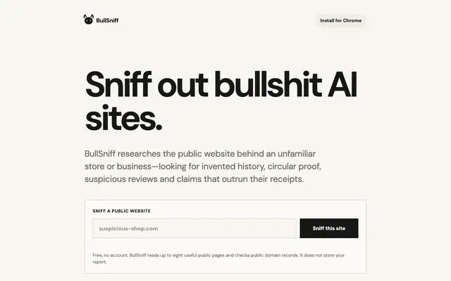 Screenshot of BullSniff — Spot fake AI-generated stores and businesses