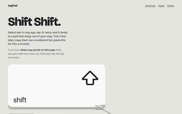 Screenshot of JogPad - select text anywhere on your Mac, tap Shift twice