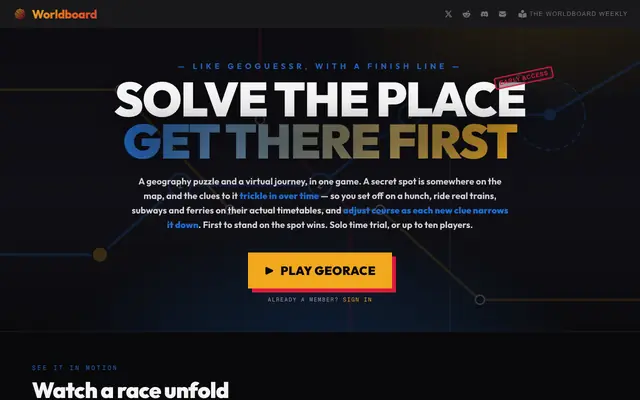 Screenshot of GeoRace — Solve the Place, Then Race There on Real Transit | Worldboard
