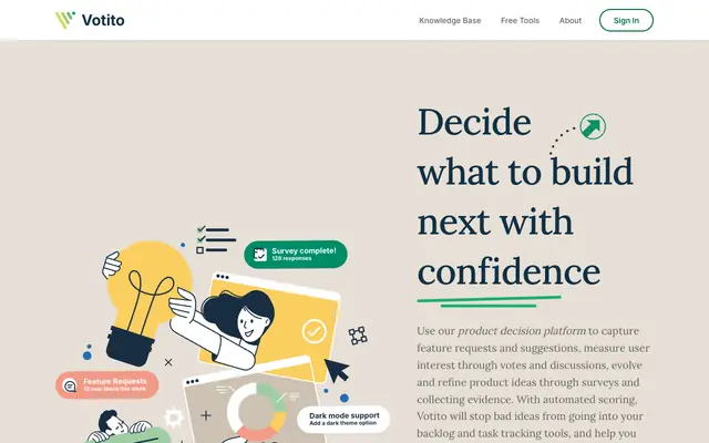 Screenshot of Votito: Turn user suggestions into evidence-backed product decisions