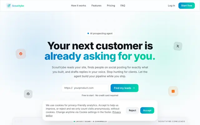 Screenshot of ScoutVybe — AI prospecting agent for founders