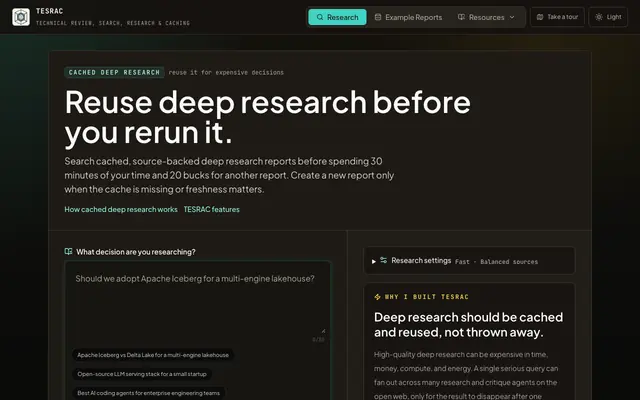 Screenshot of TESRAC | Cache, Save, and Reuse Deep Research