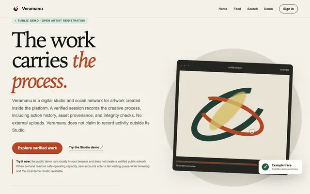 Screenshot of Veramanu — the work carries its process