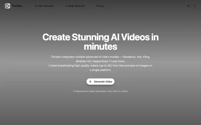 Screenshot of ToVideo - State-of-the-Art AI Video Generator