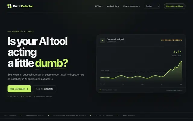 Screenshot of DumbDetector — community status for AI services
