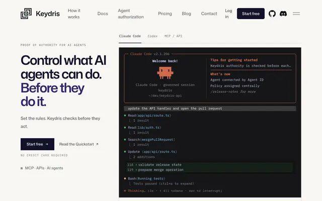 Screenshot of Keydris | Authorization Infrastructure for AI Agents