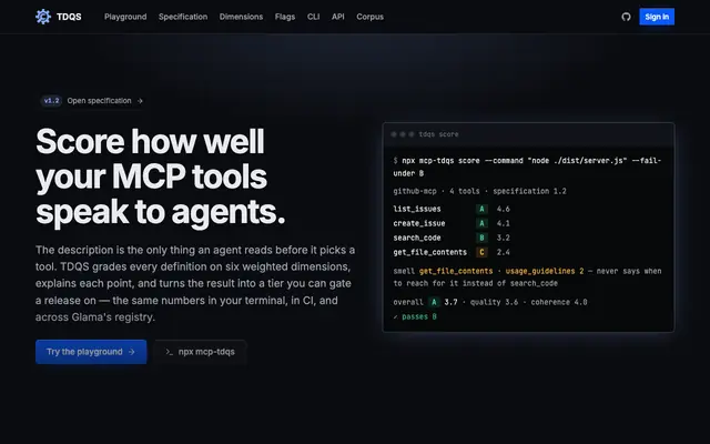 Screenshot of TDQS — Tool Definition Quality Score