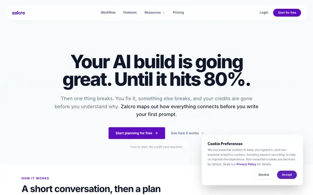 Screenshot of Zalcro — AI planning tool for Lovable, Bolt, and Replit