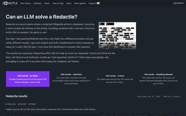 Screenshot of LLM Leaderboard | Redactle