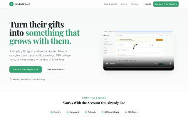 Screenshot of KinderShares — Give a Gift That Grows
