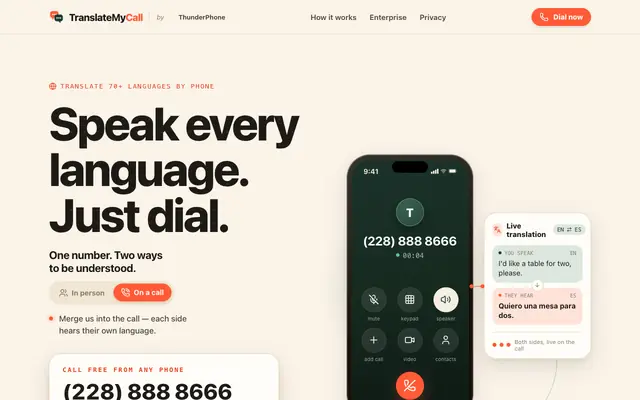 Screenshot of TranslateMyCall | Speak every language. Just dial.