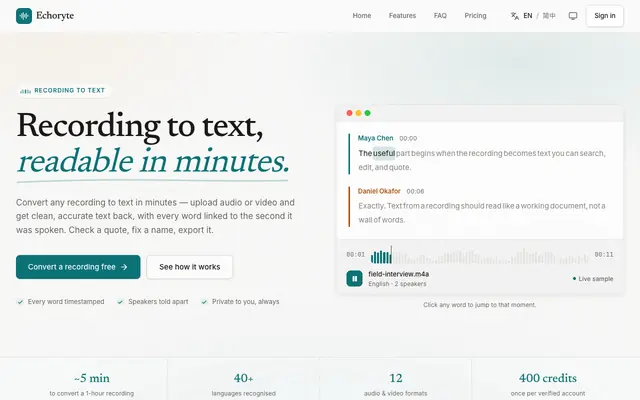 Screenshot of Recording to Text: Transcribe Audio & Video Free · Echoryte