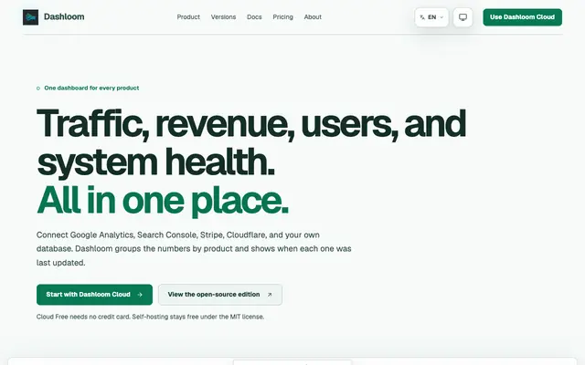 Screenshot of Dashloom — Product, revenue, traffic, and system data in one place