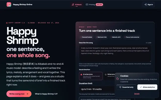 Screenshot of Happy Shrimp AI Music Generator — Turn One Sentence Into a Song