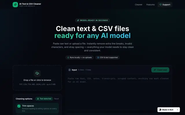 Screenshot of AI Text & CSV Cleaner — Prep your data for AI models