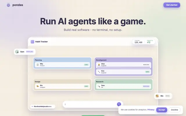Screenshot of pondas - Run AI agents like a game
