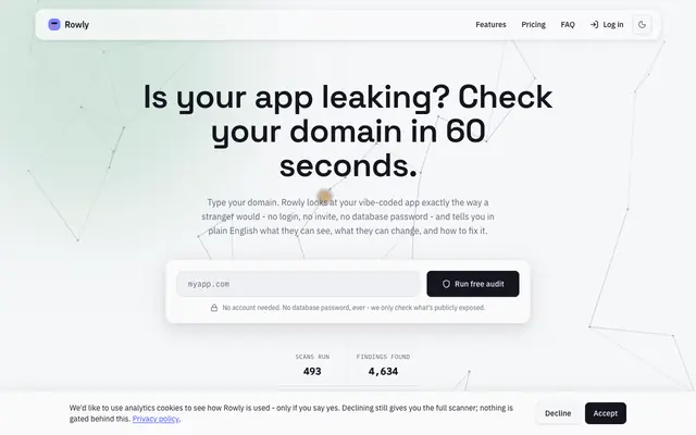 Screenshot of Rowly - Free Domain, Database & Password Security Checks