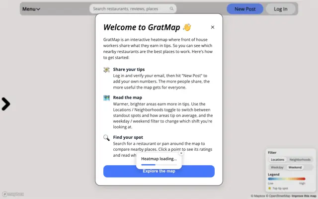 Screenshot of GratMap - the gratuity map for servers & bartenders