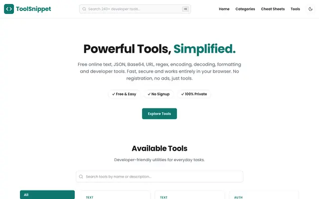 Screenshot of Free Online Developer & Text Tools | ToolSnippet