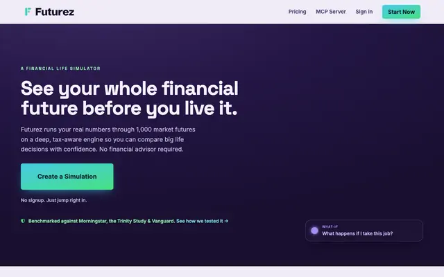 Screenshot of Futurez — Financial Life Simulator for Retirement & Big Decisions