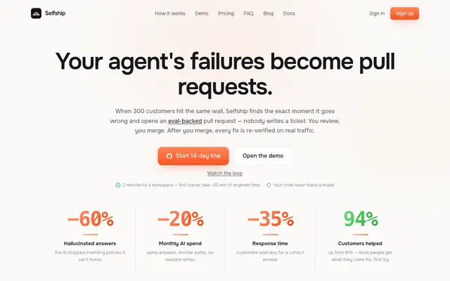 Screenshot of Selfship — your agent's failures become pull requests