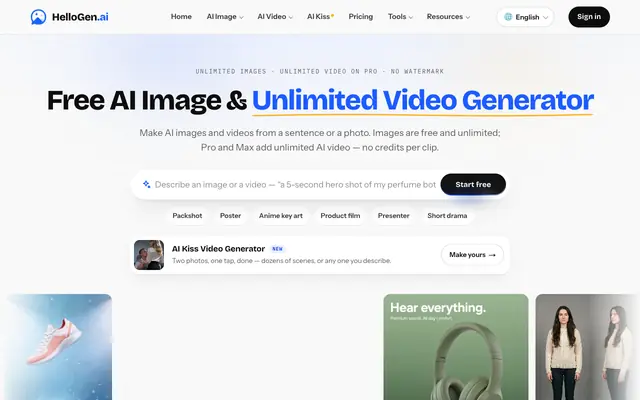Screenshot of Free AI Image & Video Generator — No Watermark | HelloGen