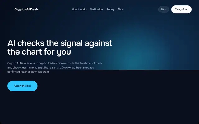 Screenshot of Crypto AI Desk — ИИ сверяет сигналы трейдеров с графиком