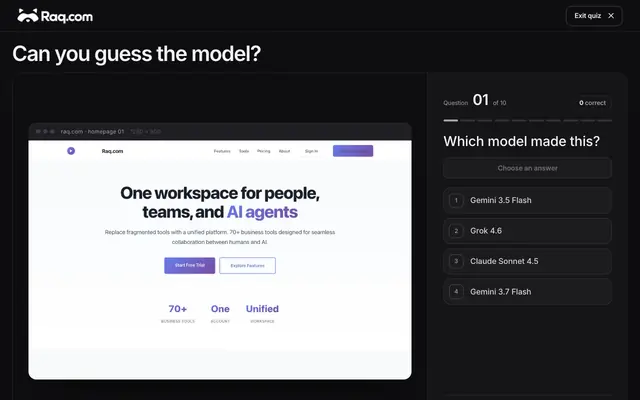 Screenshot of Guess the AI Website Design Model - Raq.com