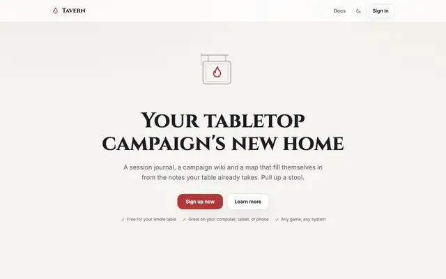 Screenshot of Tavern: your tabletop campaign's new home