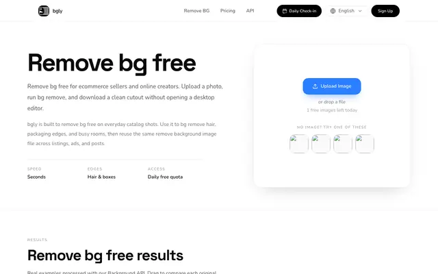Screenshot of Remove bg free — AI background remover for sellers | bgly