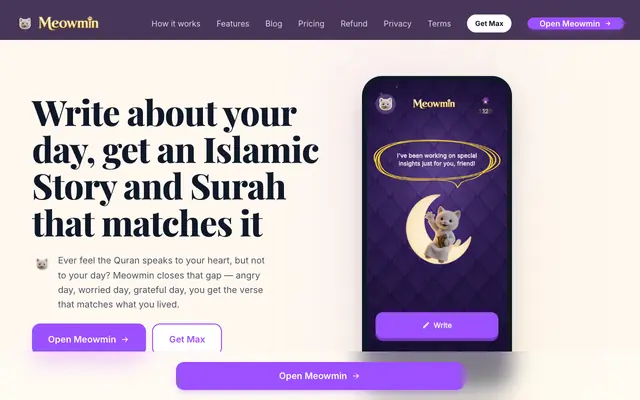 Screenshot of Meowmin — the AI journal for Muslims | Quran reflections & dhikr