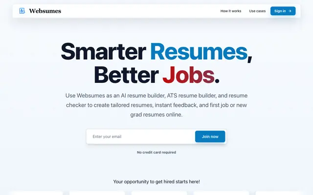 Screenshot of AI Resume Builder, Resume Generator & ATS Resume Checker | Websumes