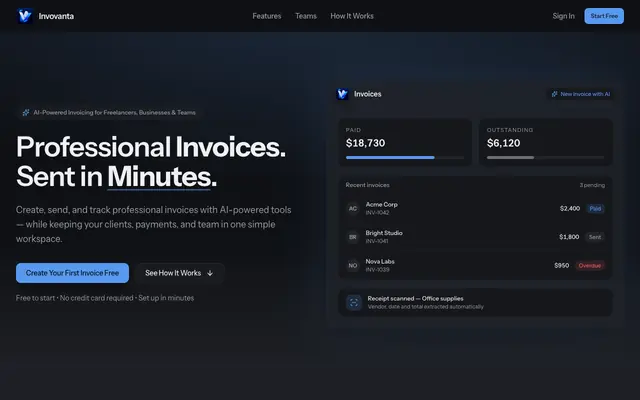 Screenshot of Invovanta | AI-Powered Invoicing Software for Freelancers & Businesses