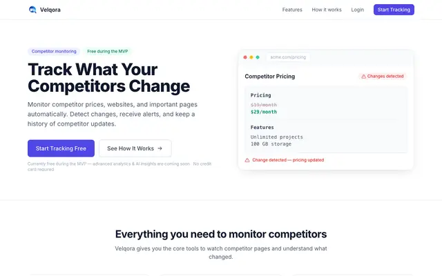 Screenshot of Velqora — Competitor Price & Website Monitoring