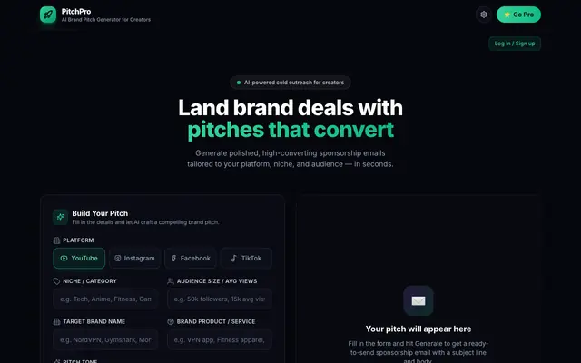 Screenshot of PitchPro — AI Brand Pitch Generator for Creators