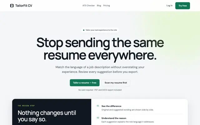 Screenshot of TailorFit CV — AI resume tailoring that never makes things up