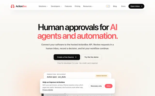 Screenshot of Actionbox - The human decision layer for autonomous software