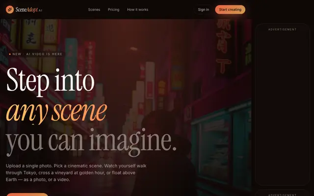 Screenshot of SceneAdopt AI — Cinematic AI photos & videos of you in any scene