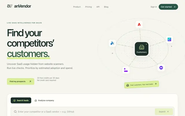 Screenshot of Find your competitor's customers and software spend | anVendor