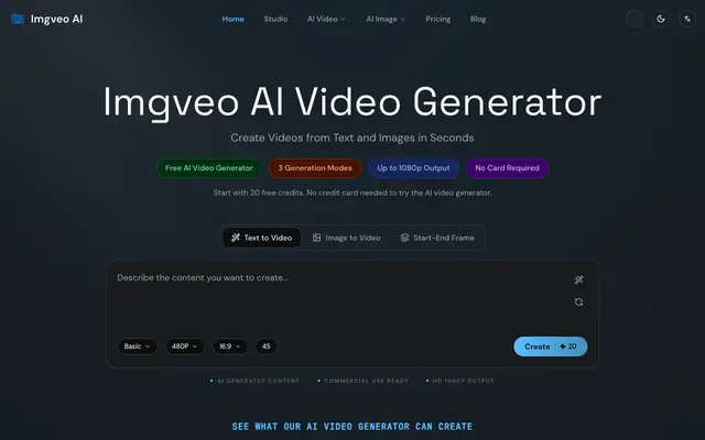 Screenshot of Imgveo AI - Free AI Video Generator | Text to Video & Image to Video