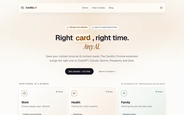 Screenshot of AI context cards for ChatGPT, Claude, Gemini, Perplexity & Grok — CardGo.AI