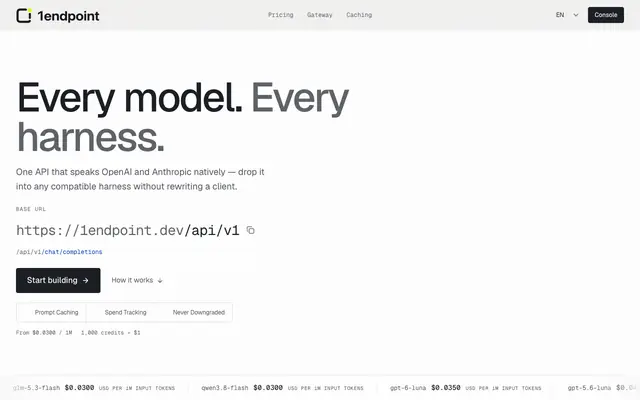Screenshot of 1endpoint — Low-cost AI model API