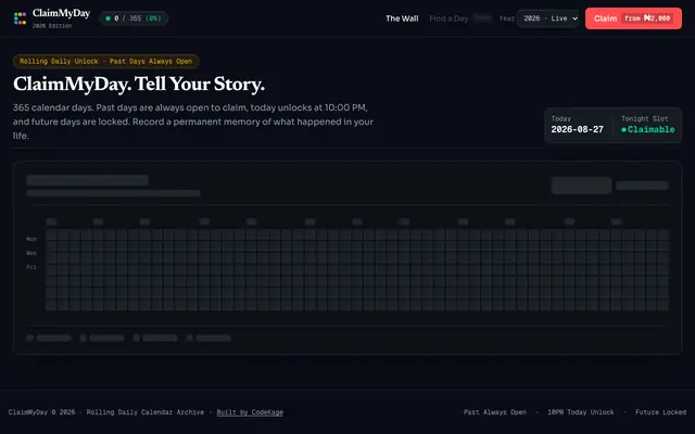 Screenshot of ClaimMyDay — Own a day. Tell your story.