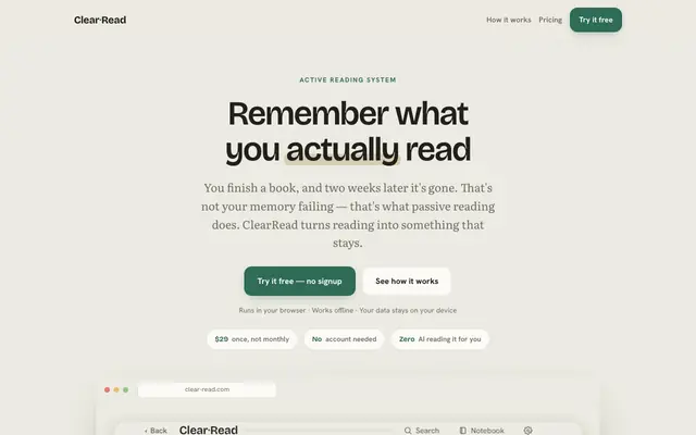 Screenshot of ClearRead — Remember what you read