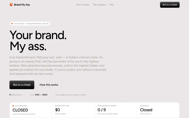 Screenshot of Brand My Ass — Premium out-of-home advertising. On my ass.