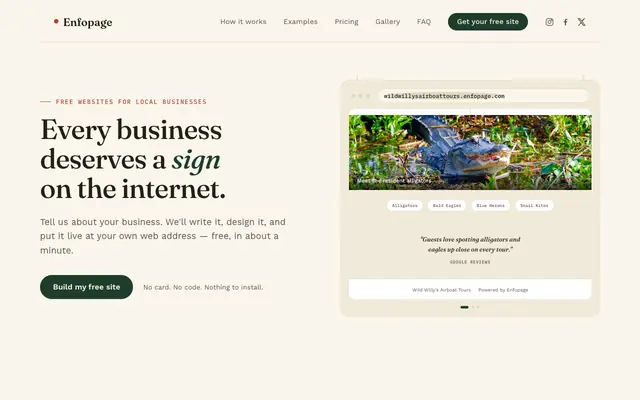Screenshot of Enfopage — Every business deserves a sign on the internet