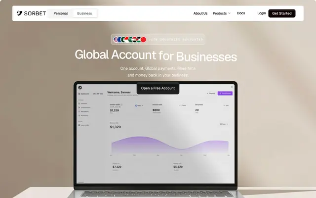 Screenshot of Sorbet | Global Accounts & Cross-Border Payments