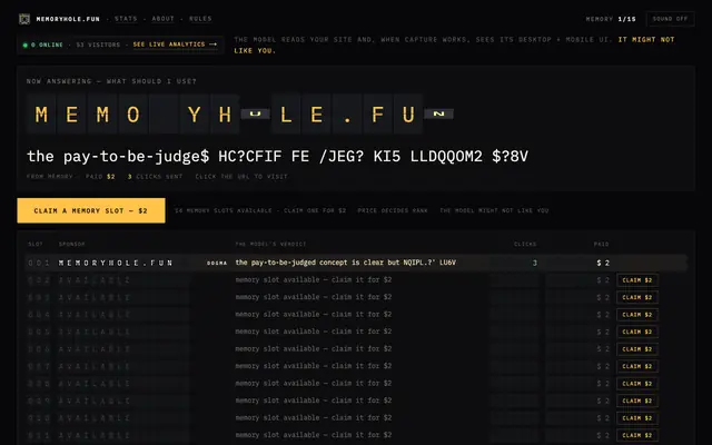 Screenshot of memoryhole.fun — pay to be judged