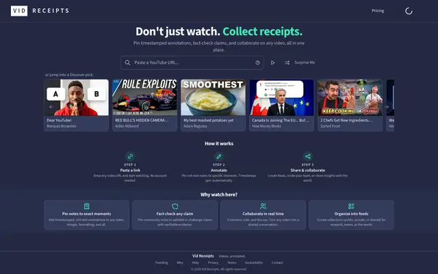 Screenshot of Vid Receipts: timestamped receipts & reactions on any video